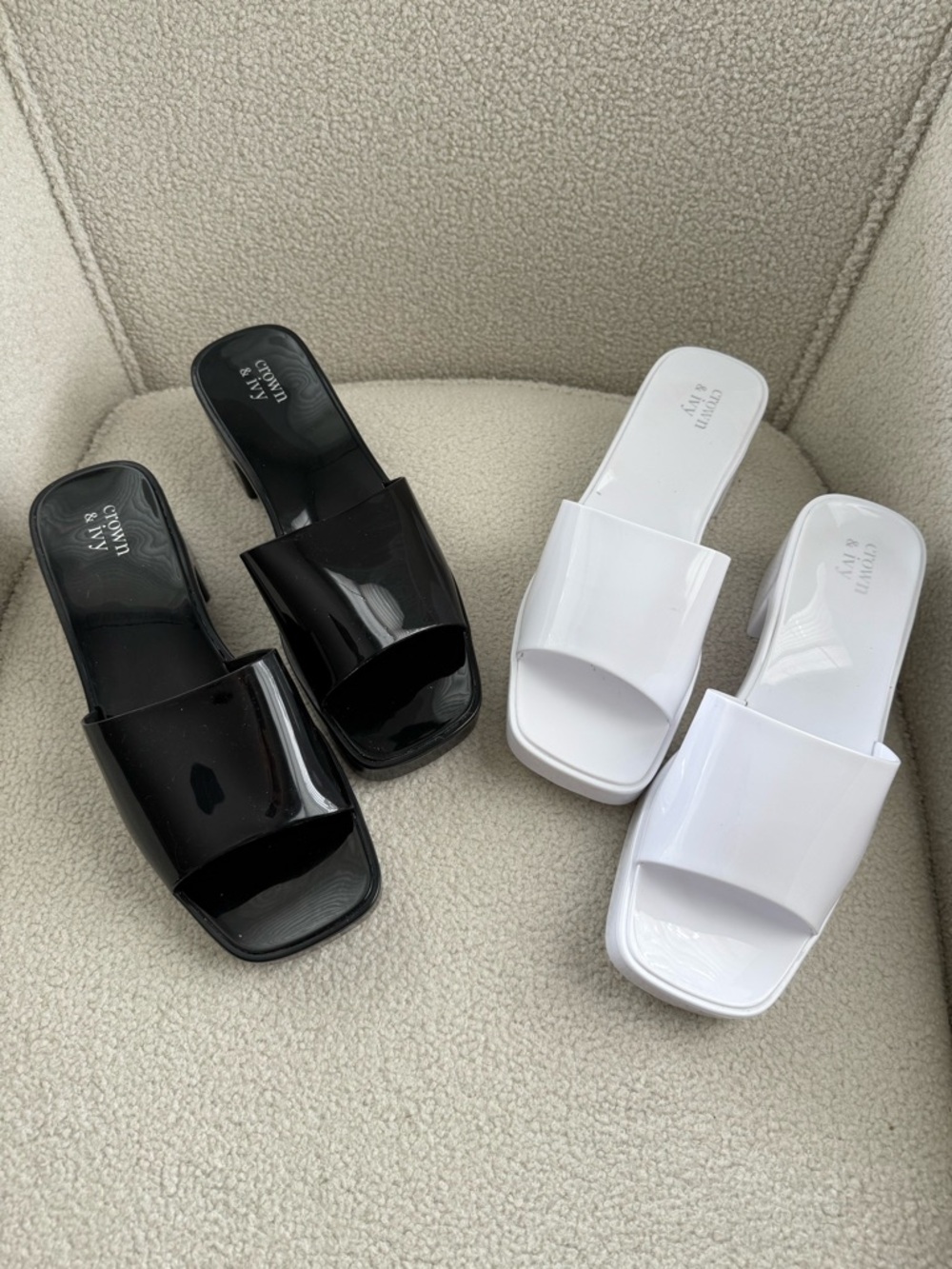 crown & ivy Black and White Patent Slide Mules
